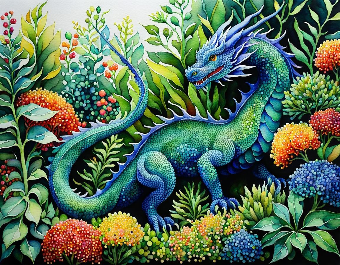 Dragon in Watercolor Garden with Pointillism Details