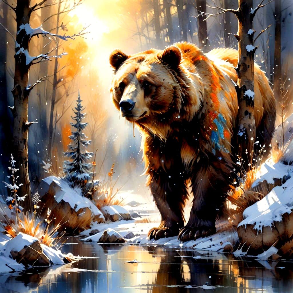 Peaceful Snowy Landscape With Bear Under Golden Light
