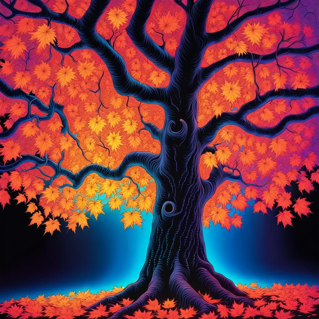 Vibrant Autumn Maple Tree in Black Light Poster Style