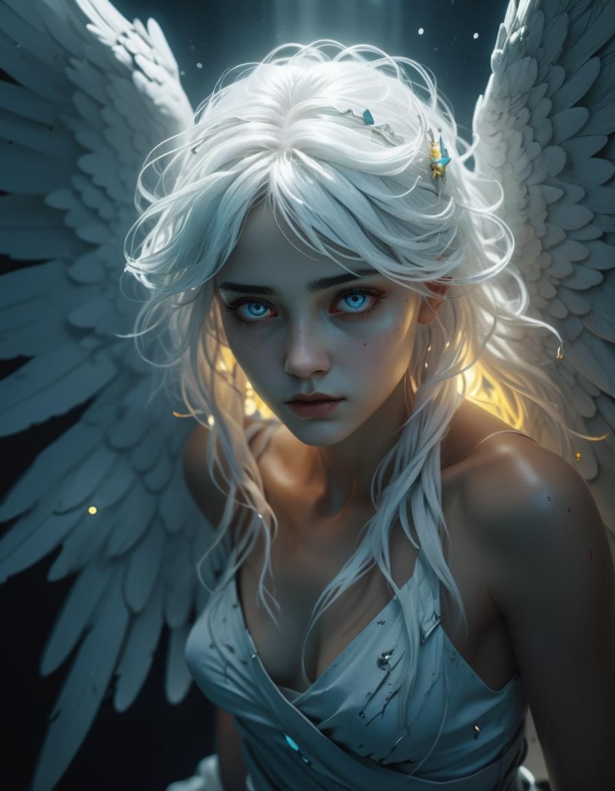 White-Haired Angel Emerges from Darkness in Cold Colors