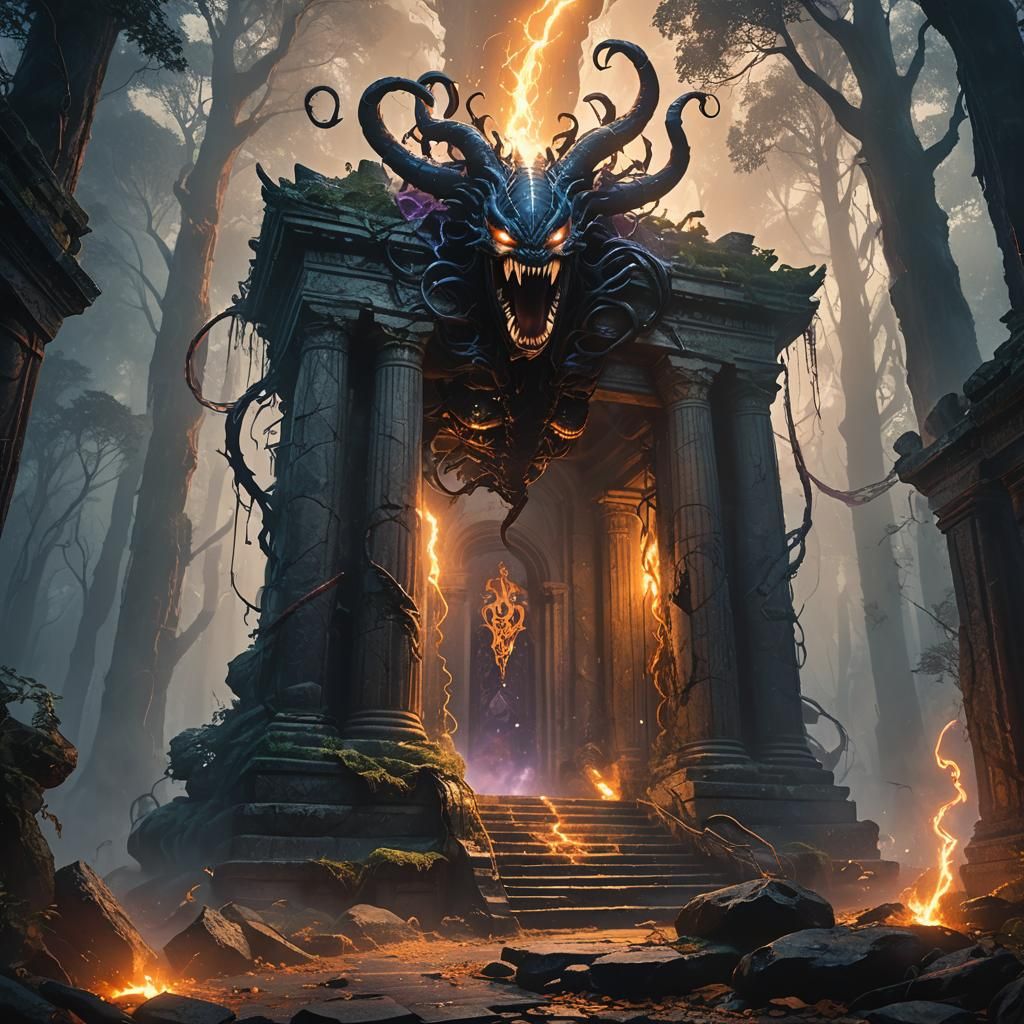 Venom Bursts Through Mystical Temple: Fantasy Art