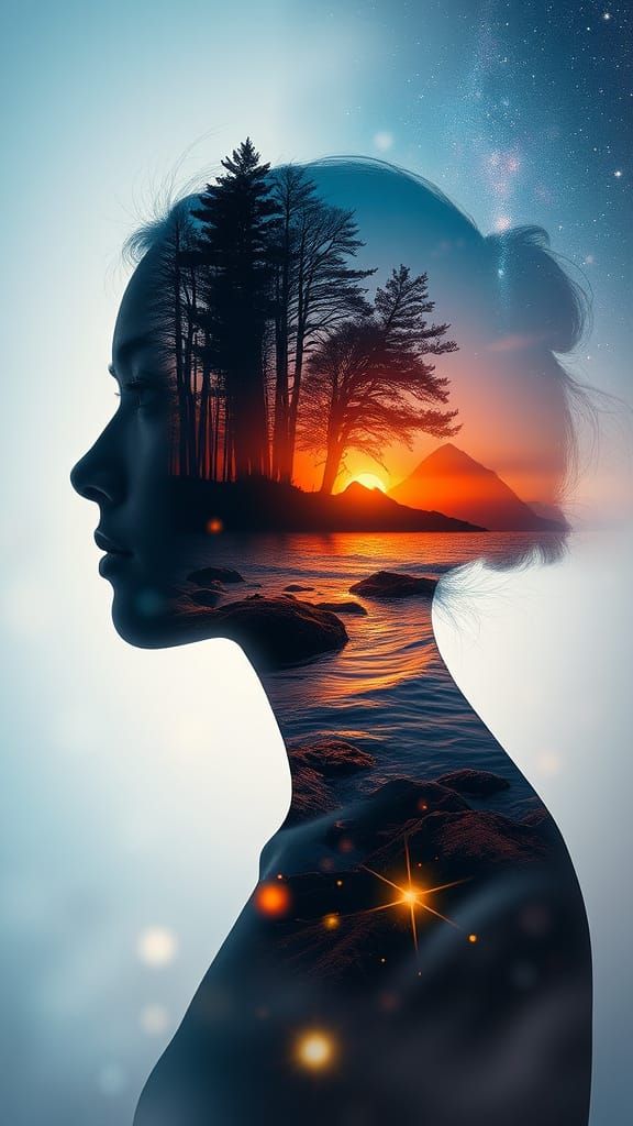 Ethereal Double Exposure Portrait in Side Profile