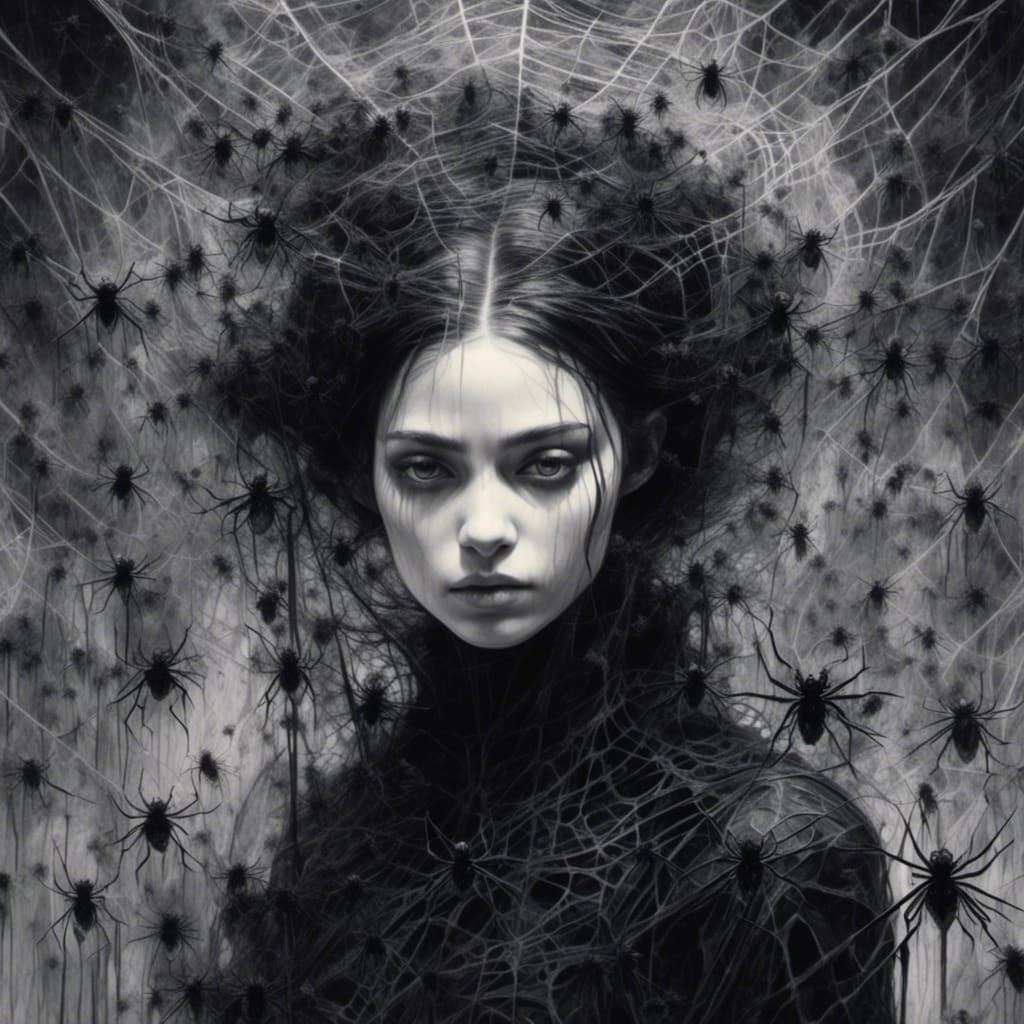 Gothic Princess in Spiderwebs: Watercolor and Mesh Art