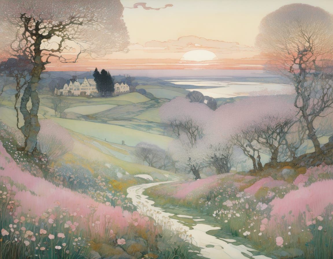 Whimsical Spring Scene in Dreamy Watercolor Style