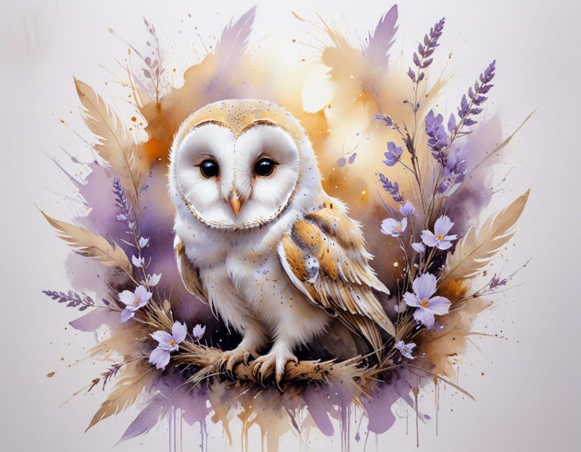 Barn Owl Chick in Delicate Watercolour Washes