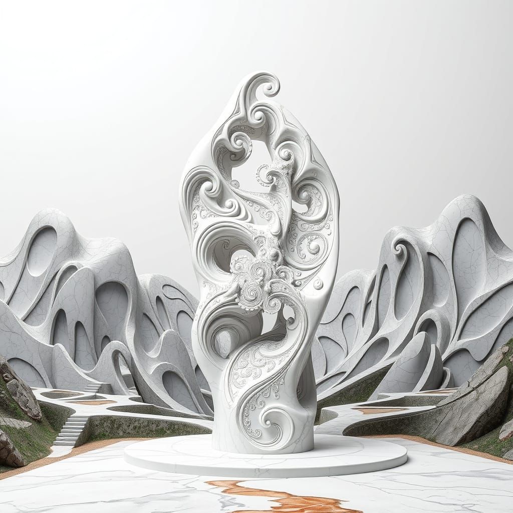 Ethereal White Marble Sculpture in Dreamlike Landscape