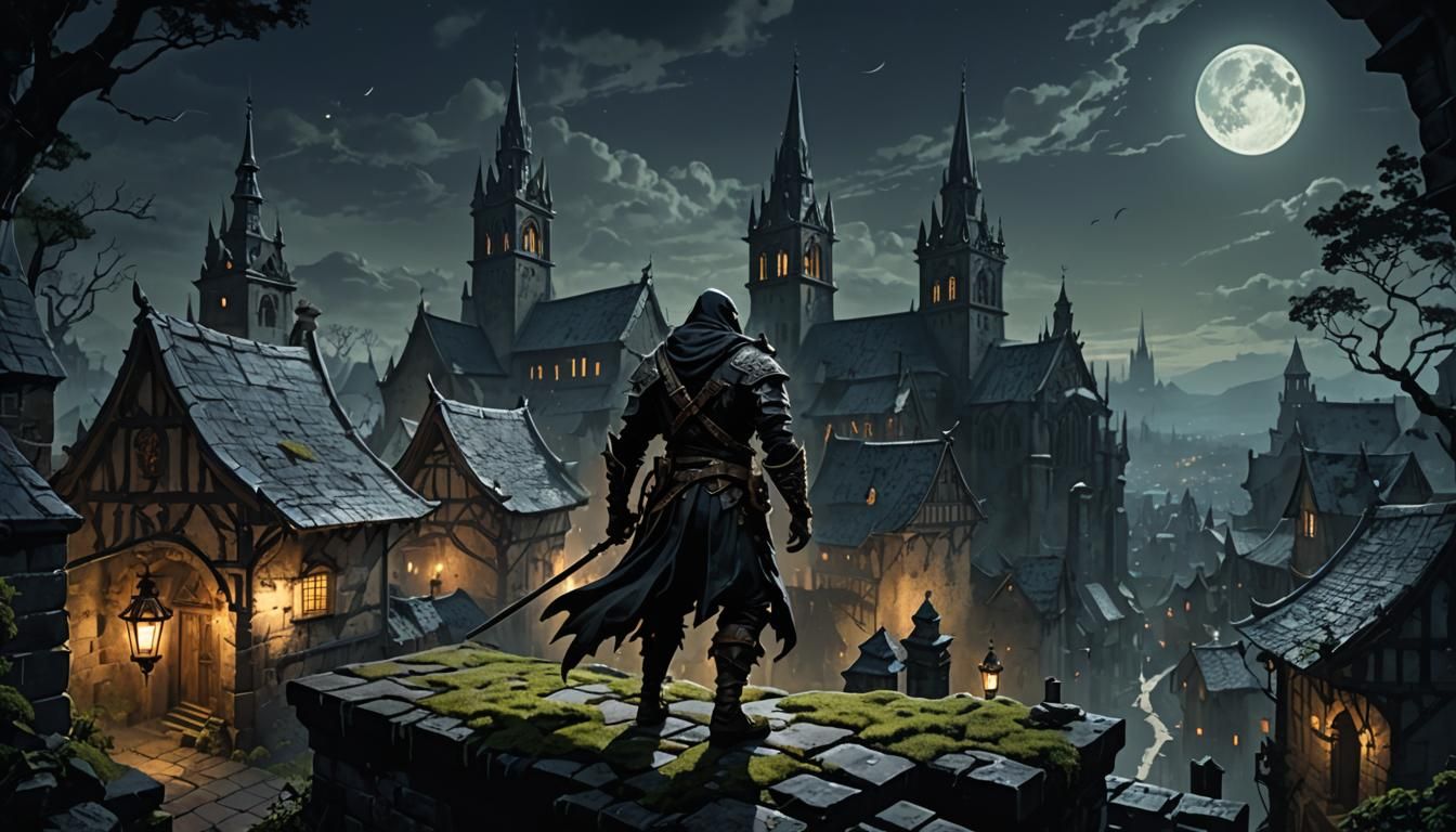 Nimble Thief Navigates Rooftops in Dark Fantasy Art