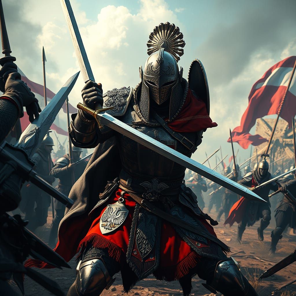Polish Knight Engages German Soldiers in Epic Battle