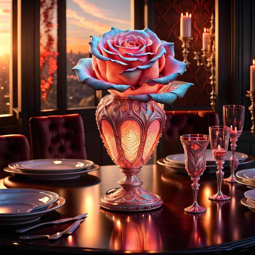 Fiery Rose in Jeweled Vase: Hyperdetailed Concept Art