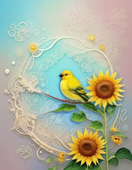 Pastel Watercolor Sunflowers and Canary Illustration