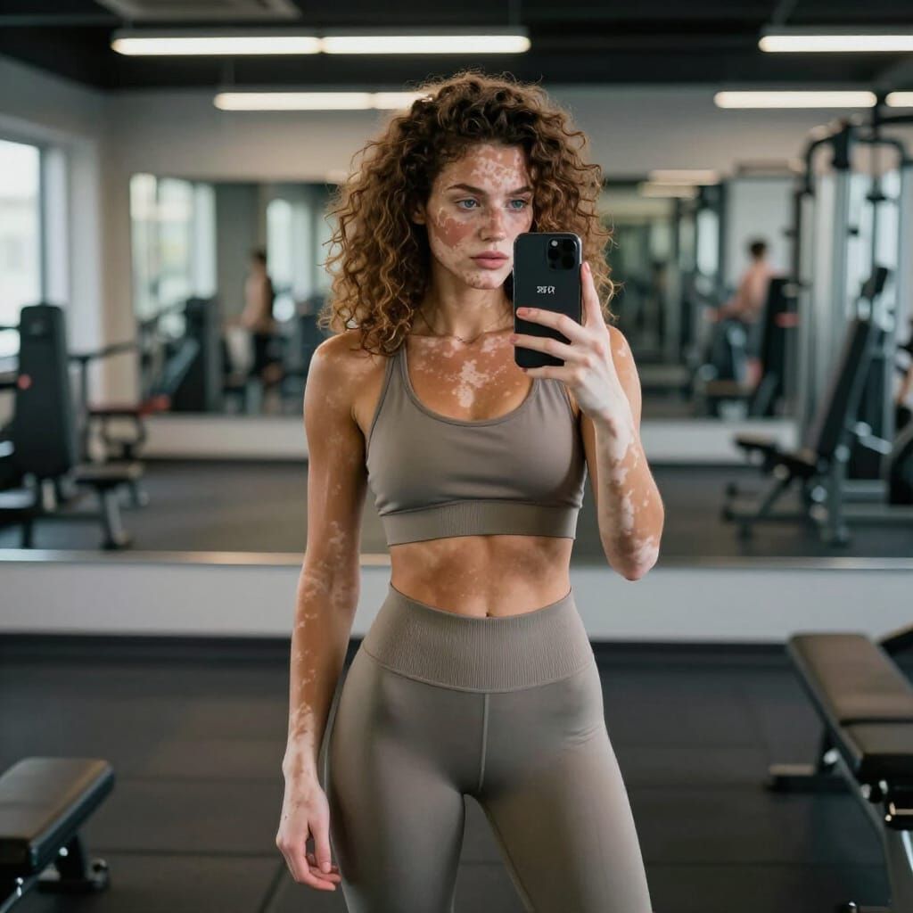 Realistic Woman with Vitiligo in Gym Mirror Selfie