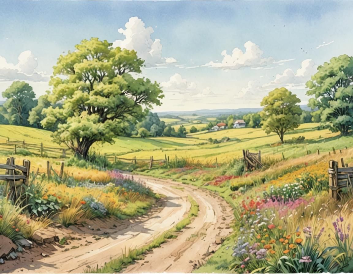 Rural Landscape in Watercolor Comic Book Style