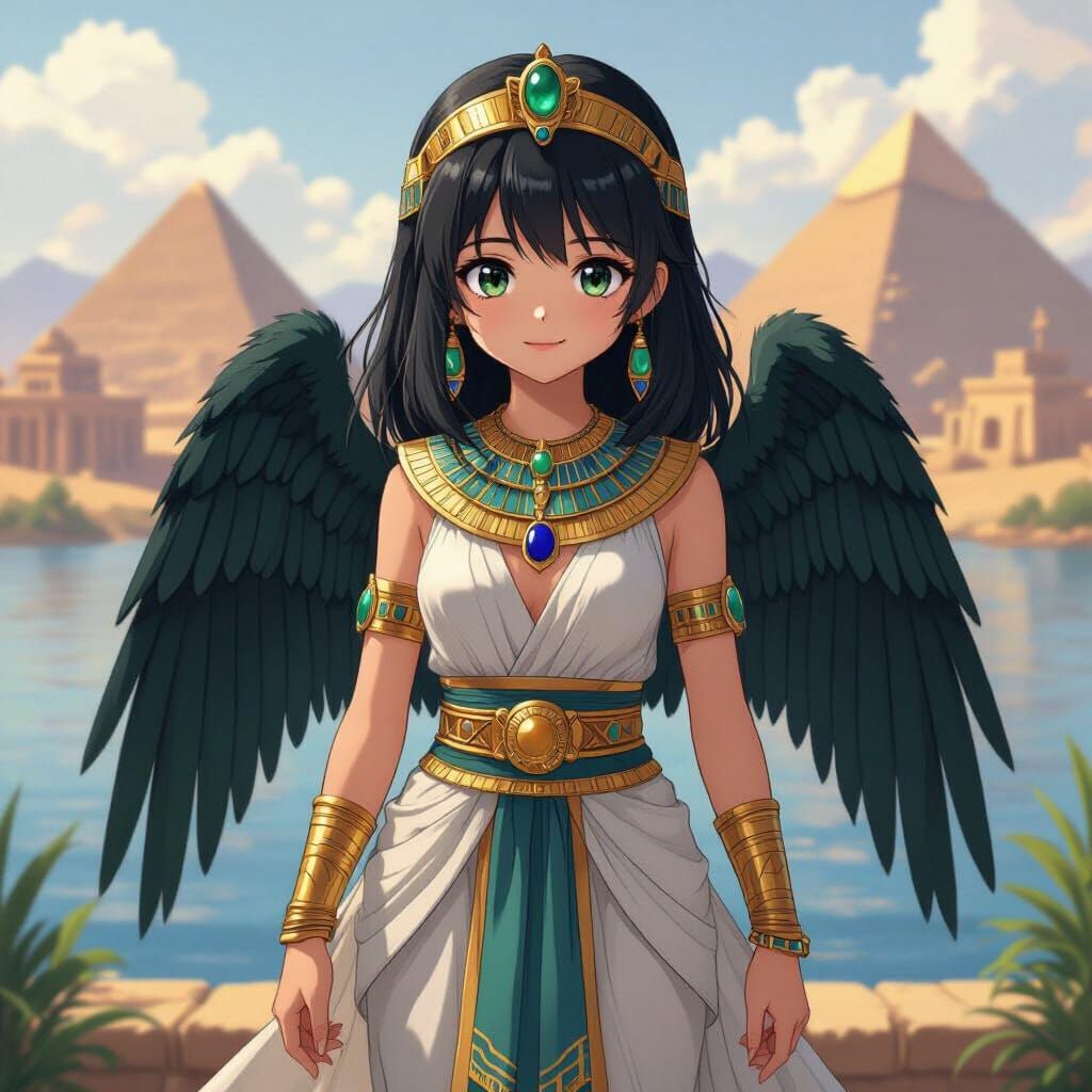 Egyptian Girl with Emerald Wings in Anime Style