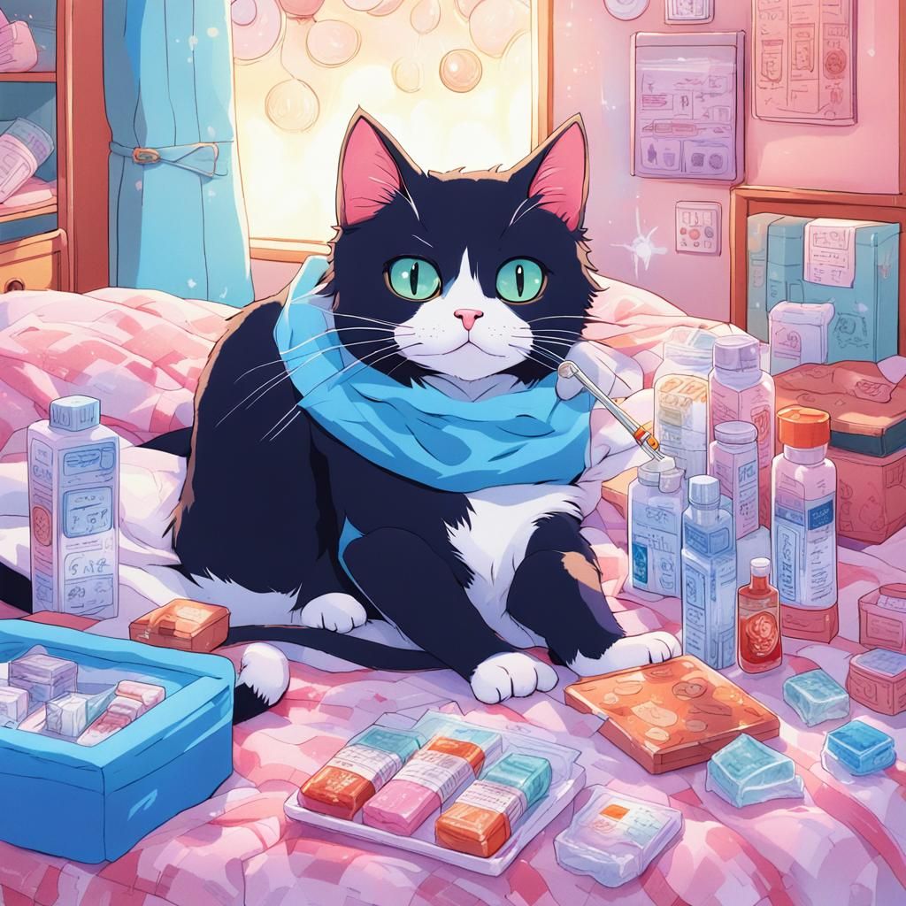 Anime Cat with Cold in Manga Style