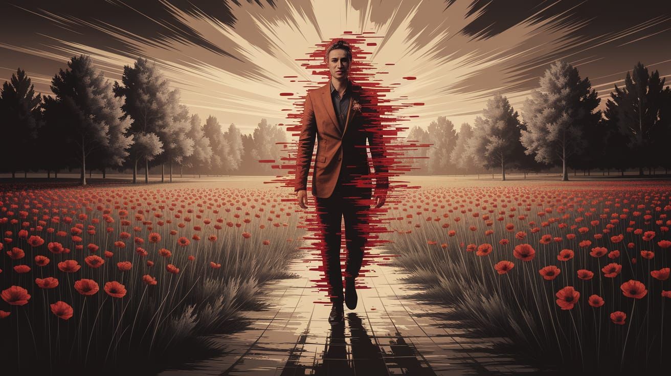 Melancholy Figure in Poppy Fields, Impressionistic Digital P...