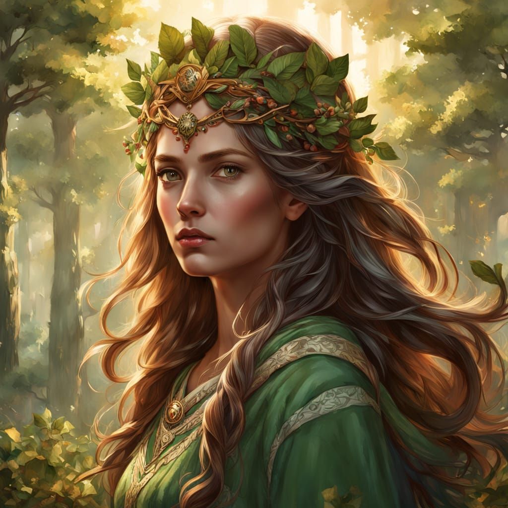Goddess of Harvest in Glowing Forest, Detailed Digital Paint...