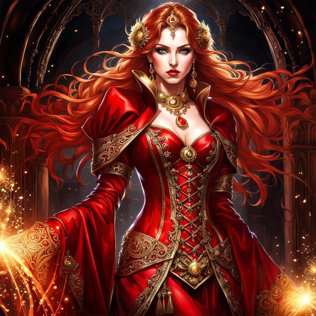 Gothic Mistress in Red and Gold Lace