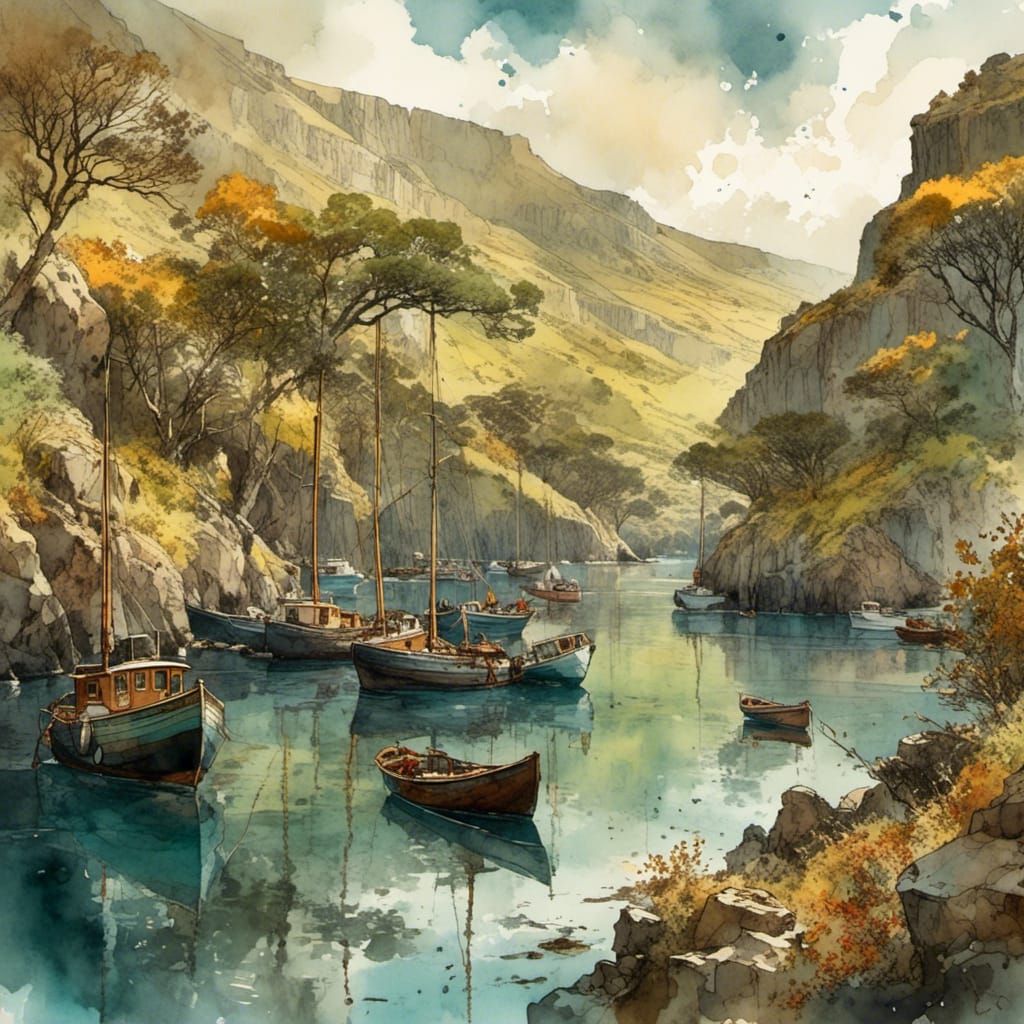 Scenic Portree Harbor in Watercolor Style