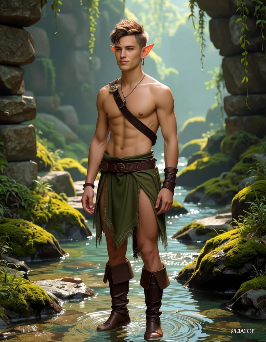 Handsome Elf Man on Ancient Mossy Path