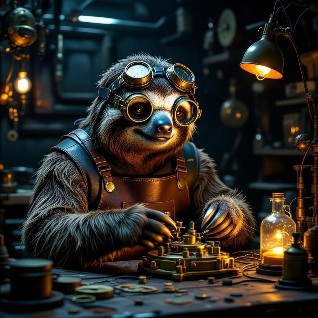 Steampunk Sloth Inventor Tinkers with Brass Contraption