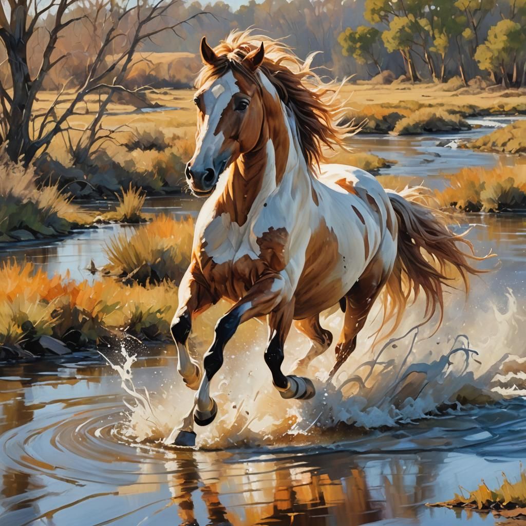 Pinto Horse Galloping: An Impressionist Oil Painting
