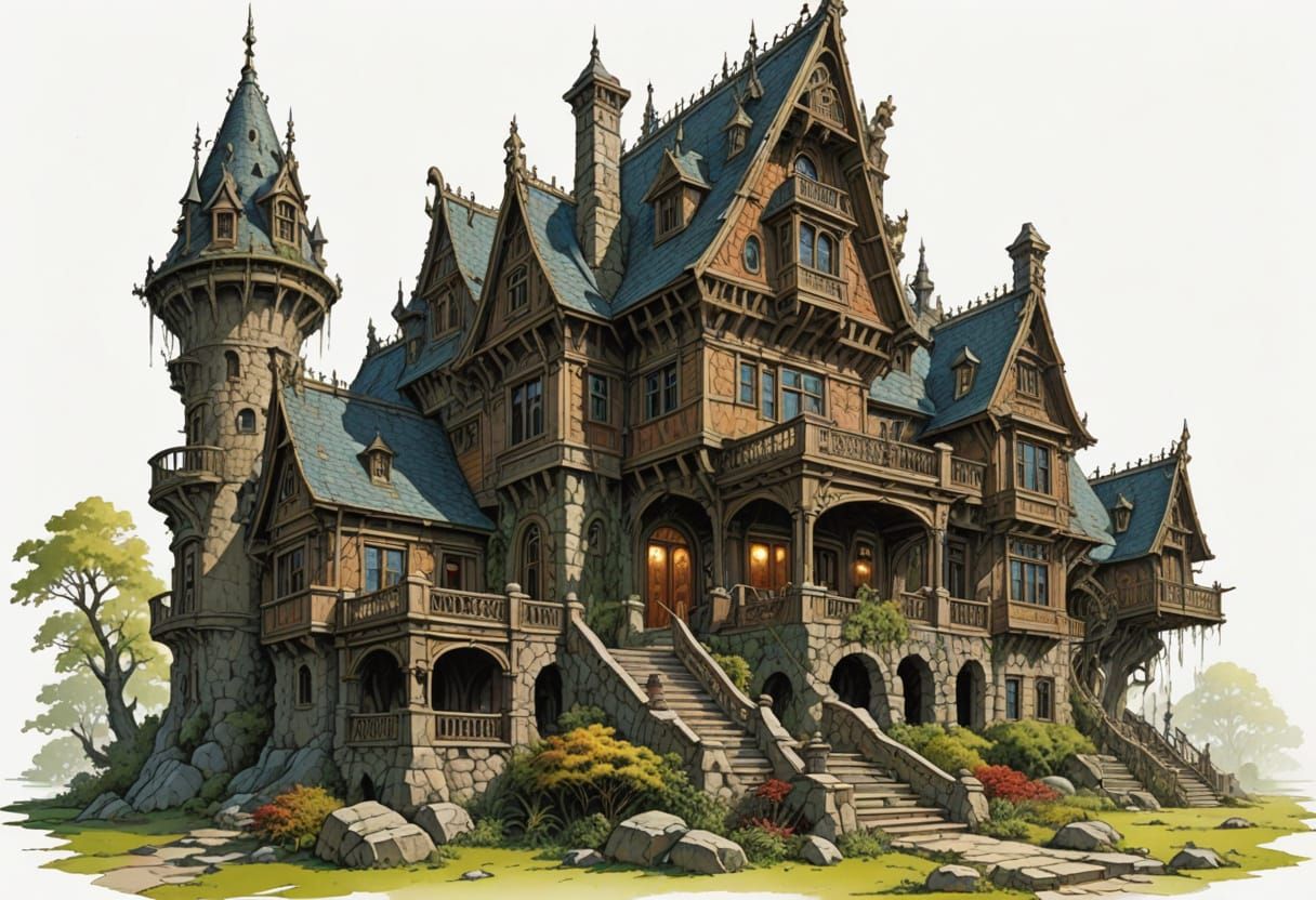 Heroic Fantasy Mansion Illustration in Vivid Colors