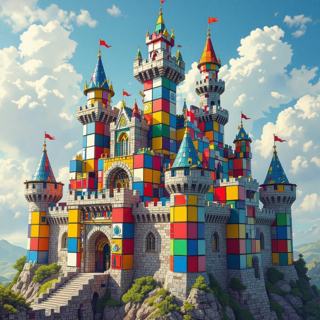 Majestic Rubik's Cube Castle in Whimsical Style