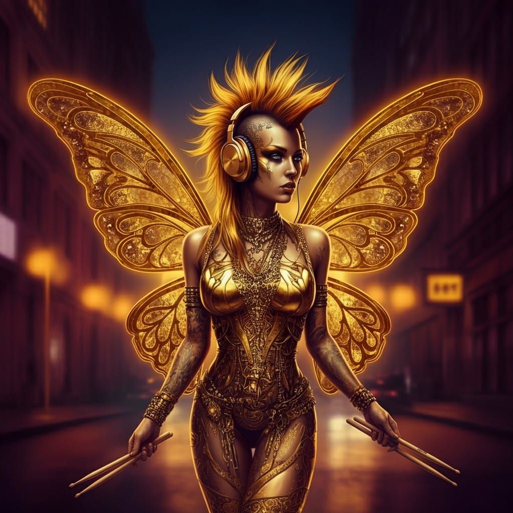 Punk Metal Gold Fairy with Butterfly Wings