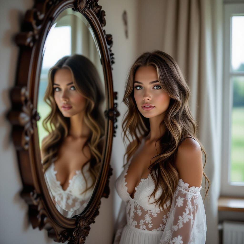Woman and Decorative Mirror in Ethereal Lighting