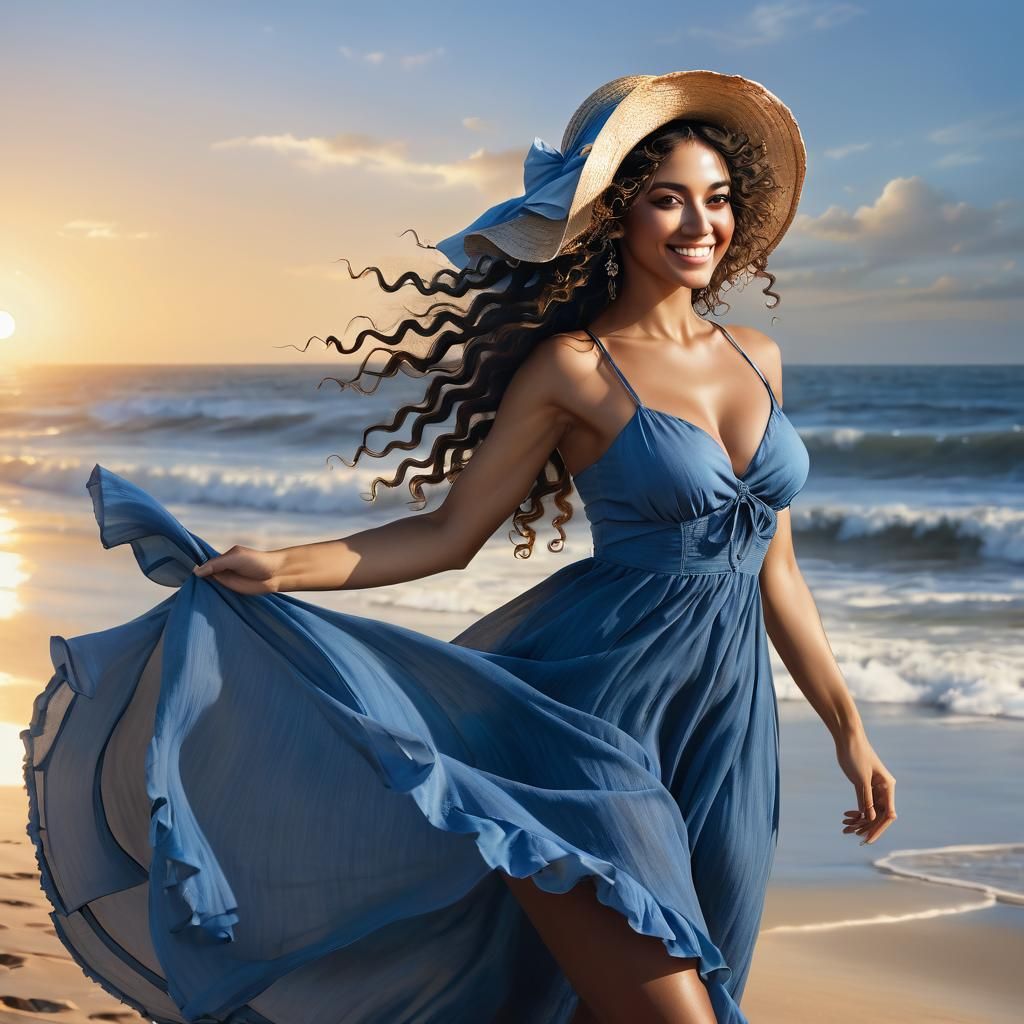 Beautiful Woman on Beach at Sunset, Anime Style