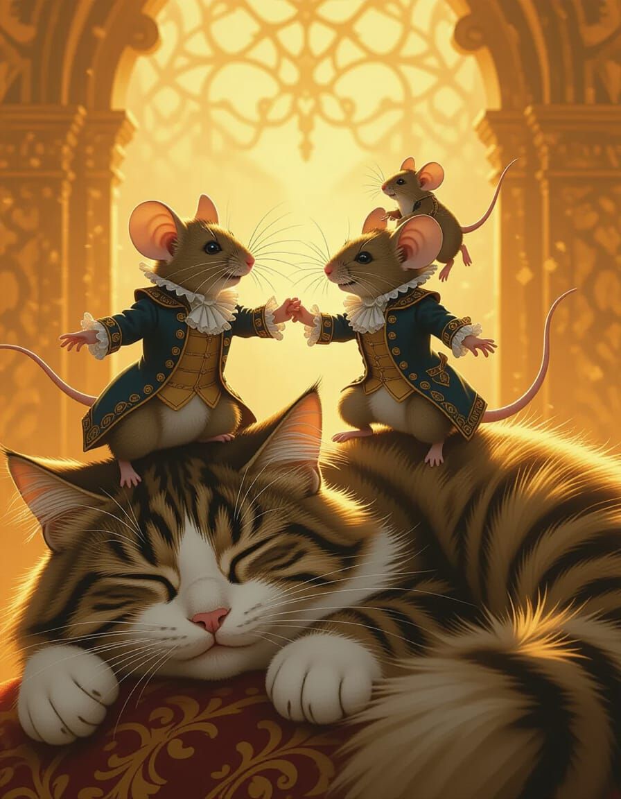 Mice Play on Cat in Baroque Style