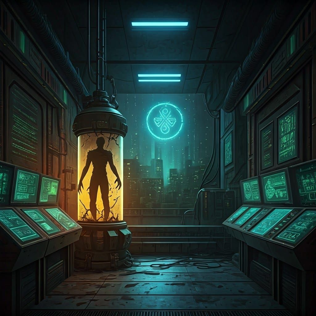 Futuristic Abandoned Laboratory in Dark Cyberpunk Cityscape