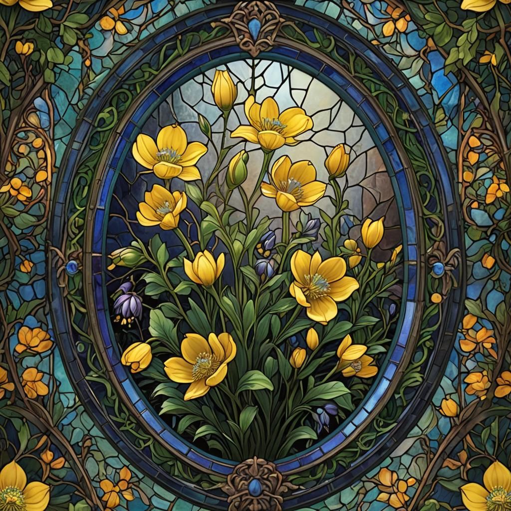 Stained Glass Winter Aconite Flower in Detailed Matte Painti...