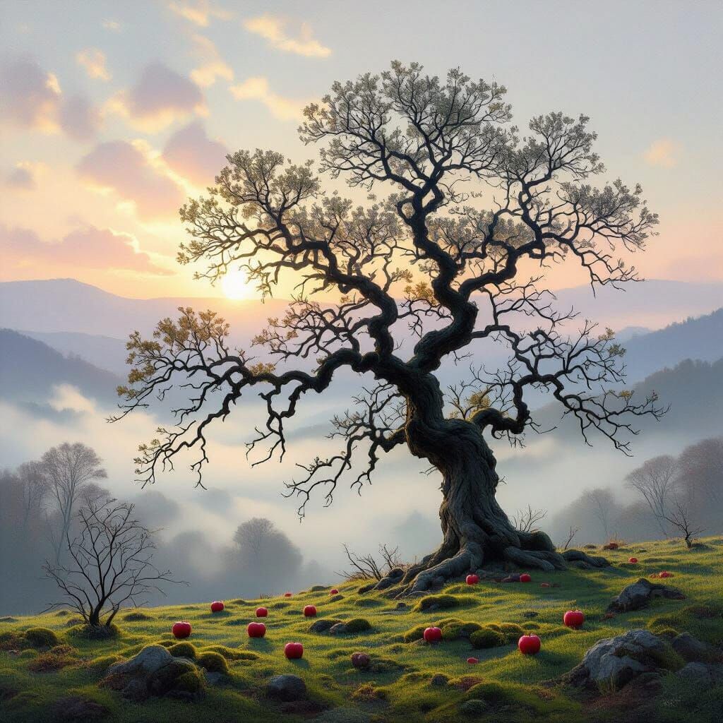 Ancient Tree in Misty Valley with Impressionist Sky