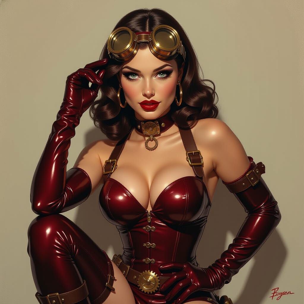 Shiny latex steampunk provocative pin-up