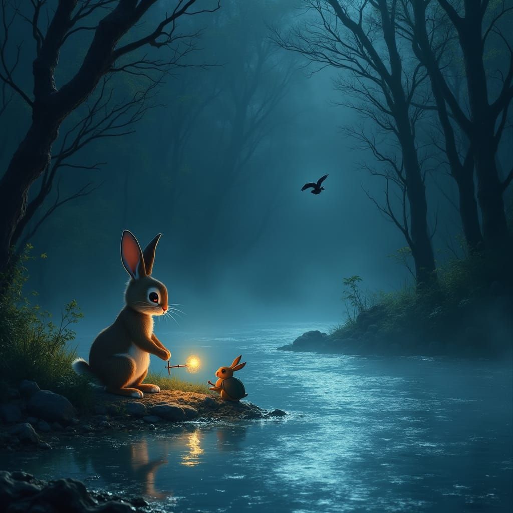 Rabbit at the Edge of Crystal River, Illuminated by Glowing ...