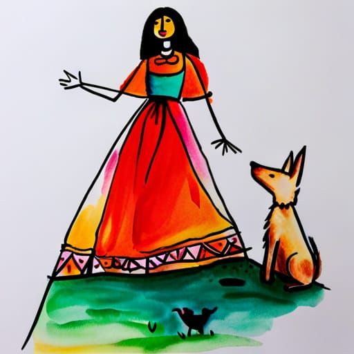 Amerindian Woman and Dog, Ink Sketch in Klee Style