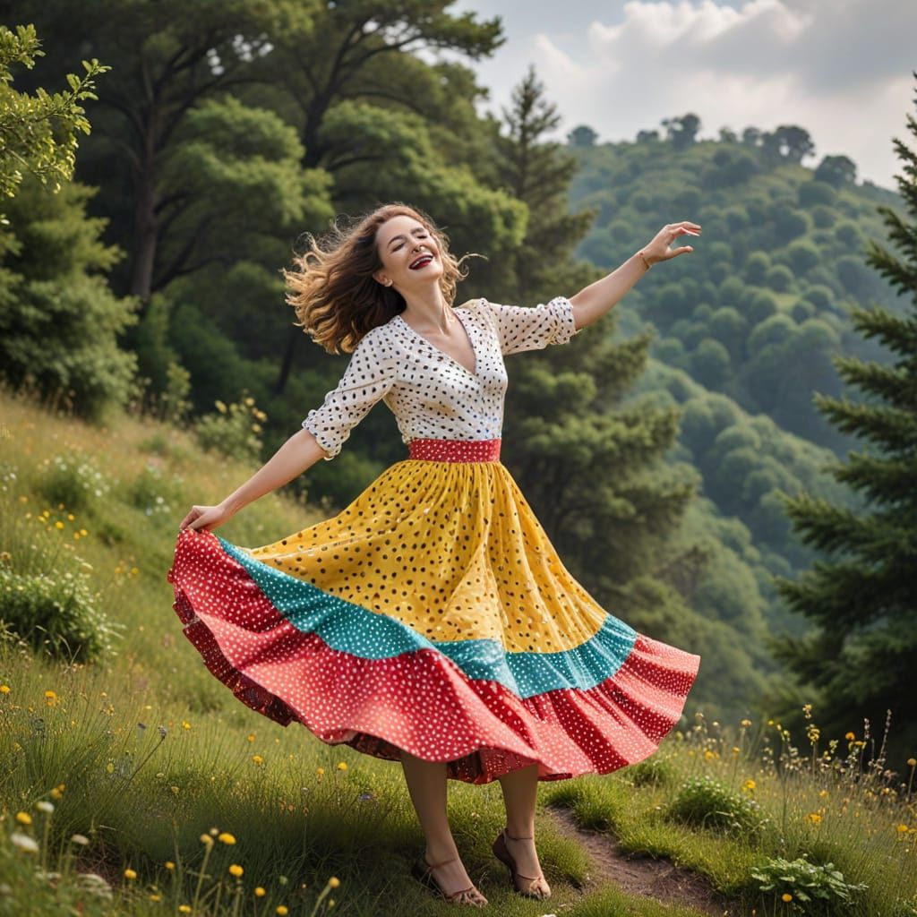 Woman Dancing in Polka Dot Dress on Hillside
