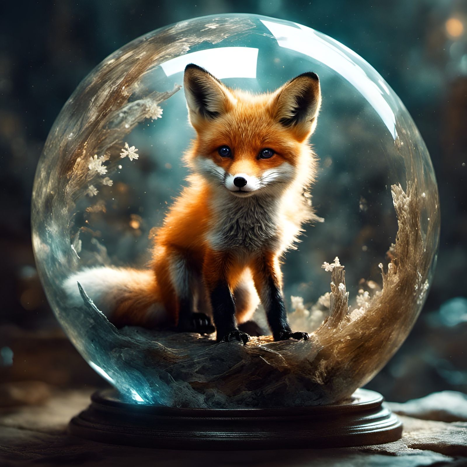 Baby Fox in Crystal Sphere, Detailed Matte Photo