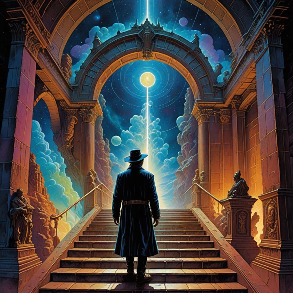 Luminous Wizard with Celestial Map in Vaporwave Style