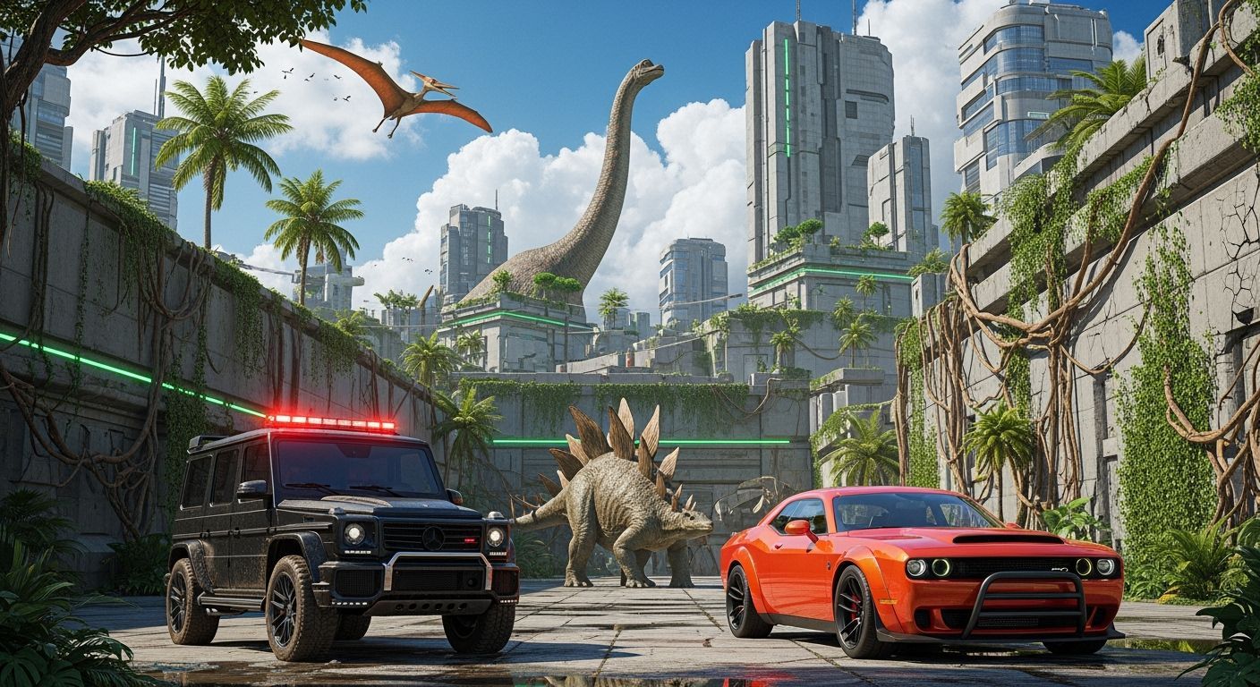 Post-Futuristic City with Dinosaurs and Neon Lights
