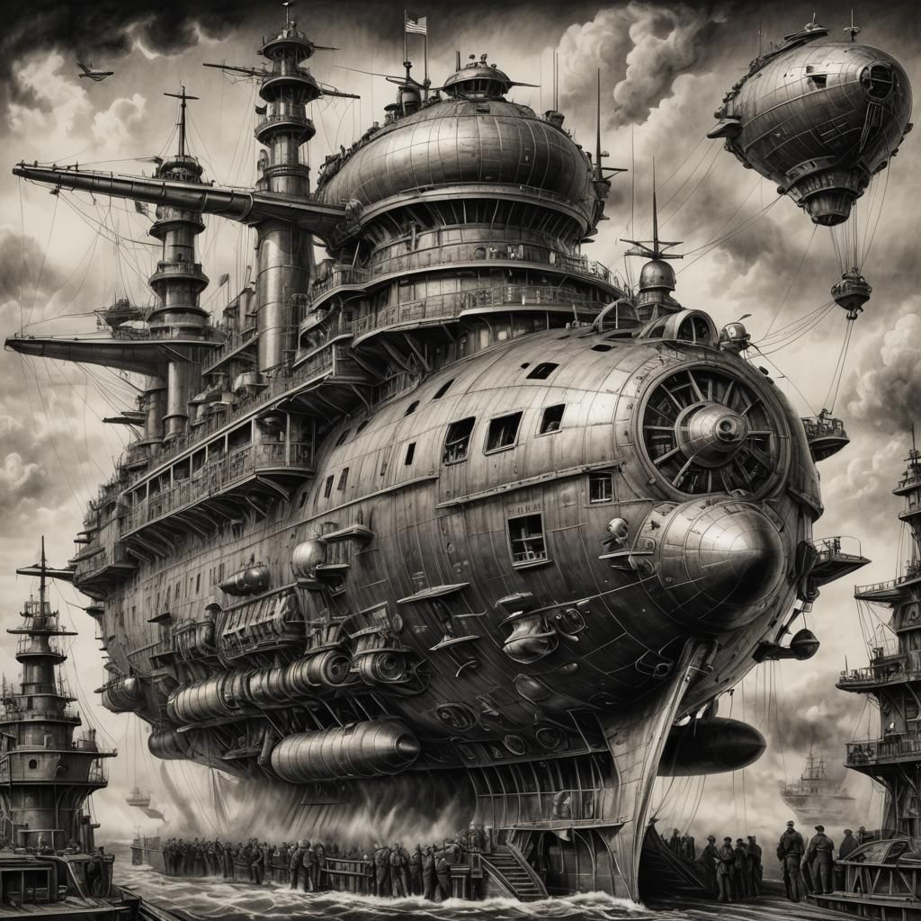 Steampunk Military Destroyer Airship in Charcoal Style