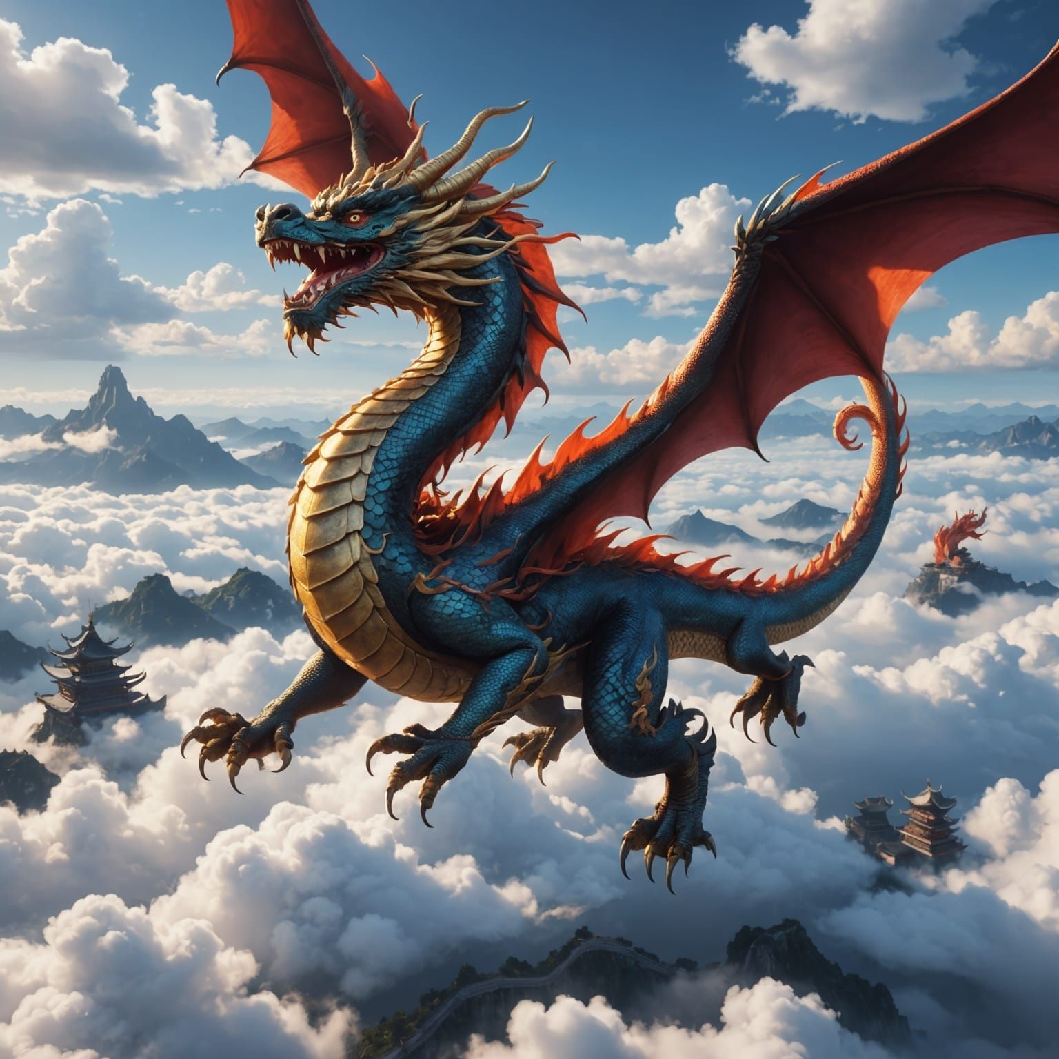Chinese Dragon Flying Above Clouds in 3D Anime Style