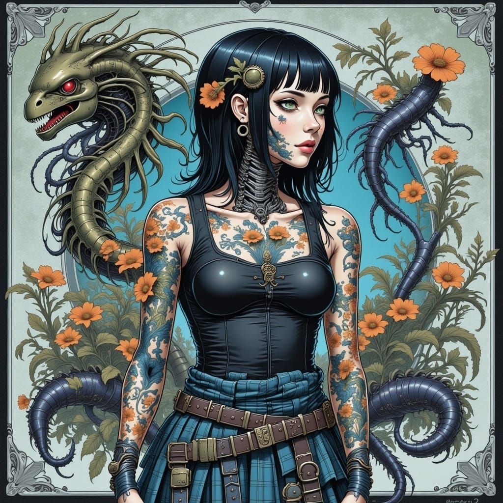 Young Cyborg Girl in Biomechanical Koi Tattoo Style