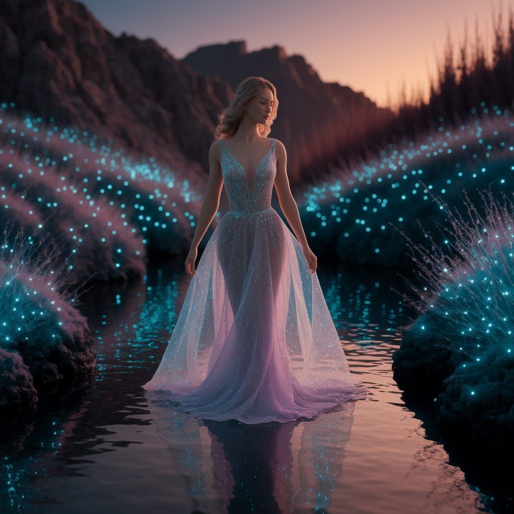 Woman in Mystical Lagoon at Twilight, Digital Painting