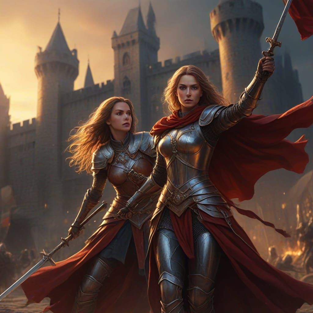 Noble Female Knight Fights at Sunset