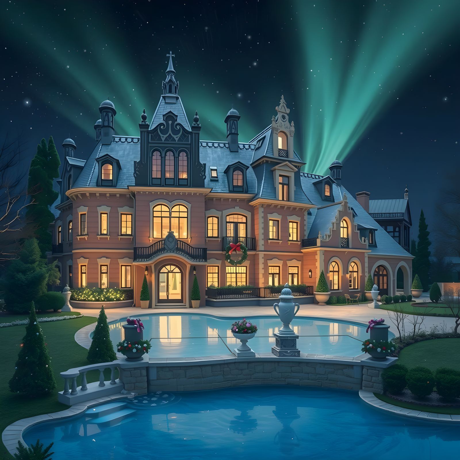 Festive Italian Villa Under Starry Winter Sky