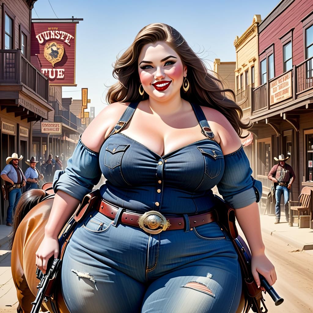 Curvy Gunslinger on Horseback in Western Town