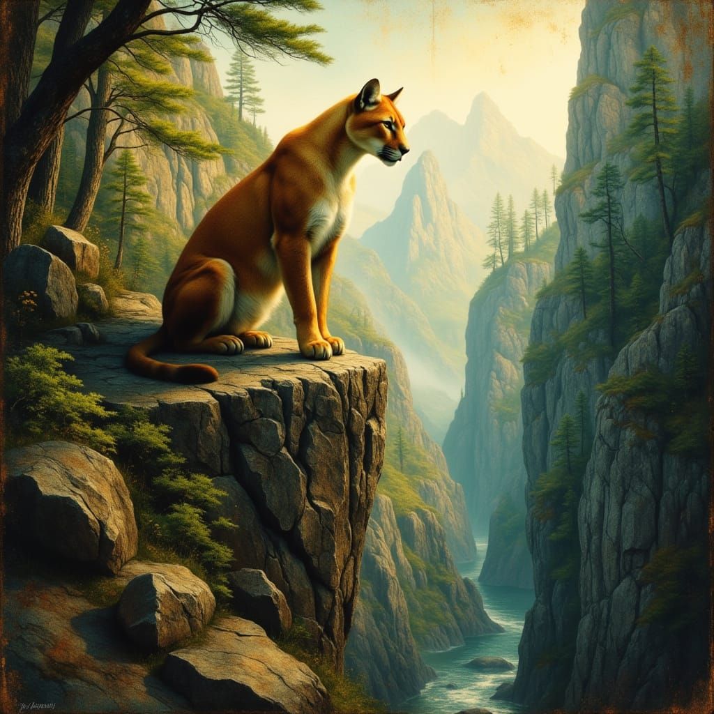 mountain lion atop a forested craggy cliff. <lora:Archetypal...