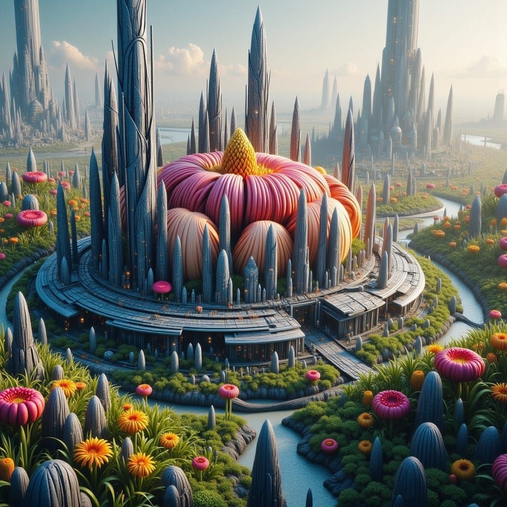 Futuristic Alien City with Giant Flower